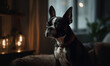 Boston Terrier in a cozy living room, with the dog perched on a comfortable sofa, The lighting is soft with warm tones and highlight the dog's distinctive markings and expressive eyes. Generative AI