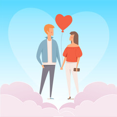 Wall Mural - Love couple. male and female characters standing in clouds. Vector background lovers