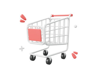 Wall Mural - Shopping cart 3d cartoon icon isolated on pink background, 3d illustration.