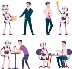 Poster - people and robots. business connection and conversation near persons and robots androids exact vecto