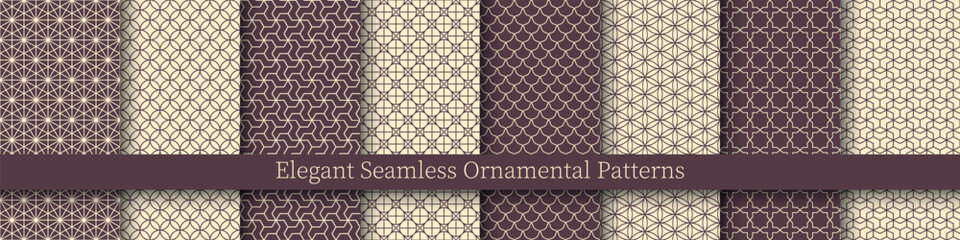 Collection of seamless ornamental vector patterns. Purple and beige oriental symmetry elegant backgrounds. Geometric tile mosaic design. Grid textures - decorative textile prints