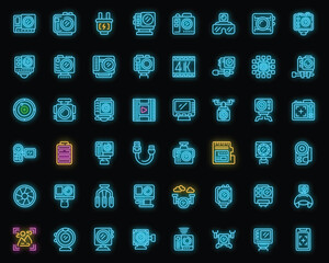 Poster - Camera go pro icons set outline vector. Action camera. 4k cam neon color on black