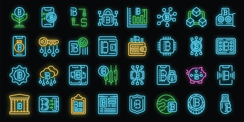 Poster - Bitcoin wallet icons set outline vector. Money wallet. App cash neon color on black