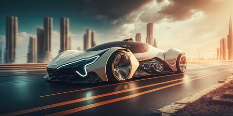 Poster - Futuristic electric car, super car driving on city highway road with motion blur. distinct generative AI image.