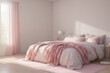 © ADDICTIVE STOCK - Generative AI image of modern bedroom illuminated with sunlight near cozy bed decorated with pink colored blanket pillows and carpet