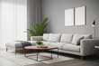 © ADDICTIVE STOCK - Generative AI image of interior of grey walled living room with comfortable sofa center table carpet curtains potted plant while window sunlight illuminating place