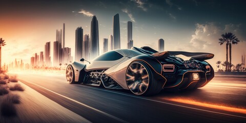 Poster - Futuristic electric car, super car driving on city highway road with motion blur. distinct generative AI image.