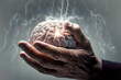 © ADDICTIVE STOCK - Generative AI image of human brain on hand of anonymous elderly man under lightning strikes
