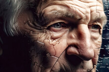 Generative AI Illustration Of Aged Man Face In Blue Eyes And Wrinkles Looking Away With Puzzle Details