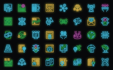 Poster - Traffic management icons set outline vector. Social audit. Target light neon color on black