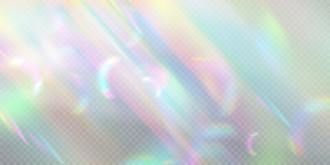 Wall Mural - Rainbow light prism effect with holographic beam light reflection, transparent background. Crystal flare leak shadow overlay. Vector illustration of abstract blurred iridescent light backdrop
