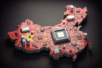 Poster - China semiconductor industry, computer chips manufacturing  and artificial intelligence concept. Motherboard with CPU processor in form of map of China
