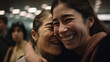 © nenetus - Smiling and happy woman hugging her mother when meeting again at the airport. Generative AI