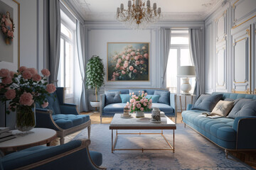 A Modern Neoclassical Living Room with Blue Hues, Pink Flowers, Nostalgic Atmosphere, and Classic Charm,Generative AI