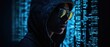 Hacker in a sunglasses on blue digital background. Concept of cyber security and attack. Internet hacking. Concept - a member of a hacker group. Geek in a dark room. Concept - computer geek. Generativ