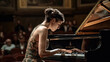 Beautiful concentrated woman pianist doing a piano concert in the auditorium. Generative AI