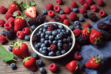 Wall Mural - Forest fruits, raspberries, strawberries and blueberries in bowl on a kitchen table. Ai generative