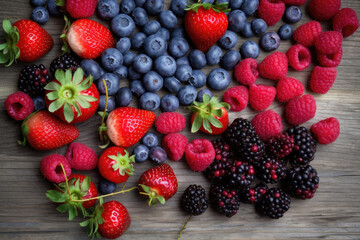 Wall Mural - Background forest fruits, raspberries, strawberries and blueberries. Top view. Ai generative