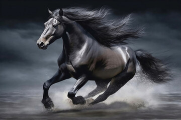 Beautiful strong gray horse elegant portrait, running in fog with dark stormy cloudy sky and water splatter, created with Generative AI technology