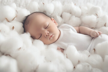 little baby sleeping on a pile of organic cotton, generative ai