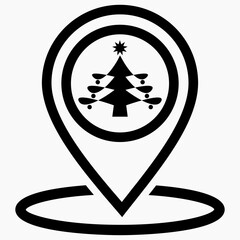 Christmas tree location icon. Place of Christmas market. Place on the map of Christmas trees. Vector icon.