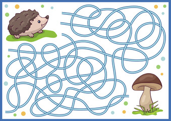 Wall Mural - Maze and labyrinth game. Kids activity page with forest animal. Colorful children education worksheet with cute hedgehog. 