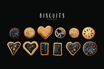 Wall Mural - biscuit set on isolated black background, biscuits watercolor illustration