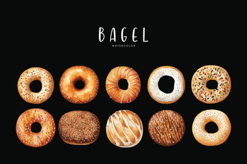 Wall Mural - bagel set on isolated black background, bagels watercolor illustration