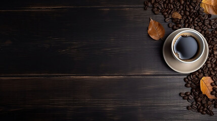 Coffee cup and beans on old kitchen table. Top view with copyspace for your text, generative ai