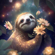 Fairytale sloth with flowers. Night landscape. The sloth smiles. For a children's book. Generative AI