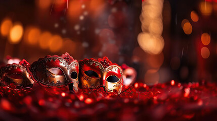 Wall Mural - Venetian Masks On Red Glitter With Shiny Streamers On Abstract Defocused Bokeh Lights - Carnival Party. Generative ai