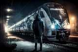 Fototapeta  - graffiti writer in a train yard, nightshot of a man in front of a painted train