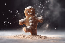 A Happy Gingerbread Man Dancing On The Kitchen Table. Generative AI