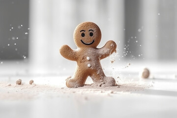 A happy gingerbread man dancing on the kitchen table. Generative AI