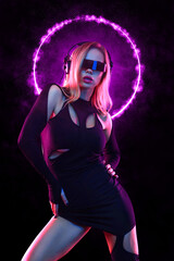 Wall Mural - Music album cover design idea. Hot DJ in neon lights. Poster of sexy TDJ at the night club party. Mixtape or book covers - download high resolution picture for your song or music clip.
