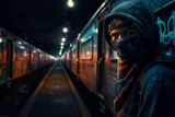 Fototapeta  - person in the tunnel, graffiti writer in an underground train yard, subway art