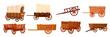 Wooden wagons. Covered tent wagon, farm handicraft vehicles old cartoon carts or western wheelbarrows, wild west carriage cowboy ancient travel cart, ingenious vector illustration