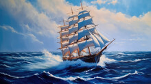 Large Ship Sailing The Ocean, Oil Painting Art . Generative AI