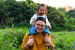 © Bo Bo/Stocksy - happy asian little girl with her father in the spring field