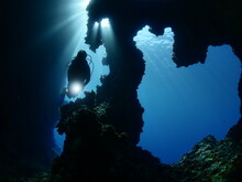 Scuba Divers Underwater Exploring Caves