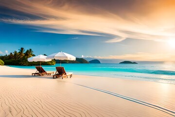 Beautiful beach banner. White sand, chairs and umbrella travel tourism wide panorama background concept. Amazing beach landscape