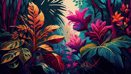 Sticker - Background with tropical foliage and blossom flowers. Generative AI