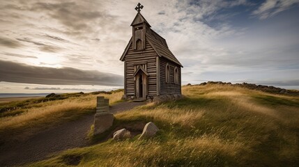 Wall Mural - illustration, stave church in iceland, ai generative