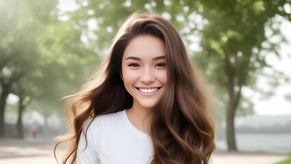 Portrait of young girl with smile, brown hair, white t-shirt and green blurry background. Generative AI