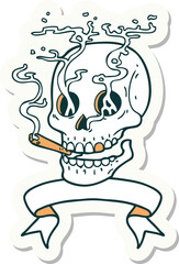 Sticker - tattoo sticker with banner of a skull smoking