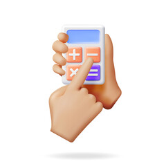 Poster - 3D Modern Calculator and Hand Isolated. Render Mathematics Icon. Addition, Subtraction, Multiplication and Division Buttons. Arithmetic Operations. Financial Math Device Calculate. Vector Illustration