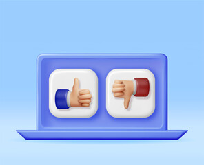 Poster - 3D Thumbs Up and Thumbs Down Hands Gestures in Laptop Isolated. Render Like and Dislike Hand Symbols on Screen. Customer Rating or Vote Icons. Cartoon Fingers Gestures. Vector Illustration