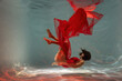 © Andriy Bezuglov/Stocksy - Graceful lady in scarlet dress posing underwater