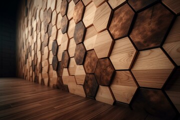 A hexagonal wall made entirely of natural tiles. Blocks of wood with a satiny finish serve as the backdrop. Generative AI