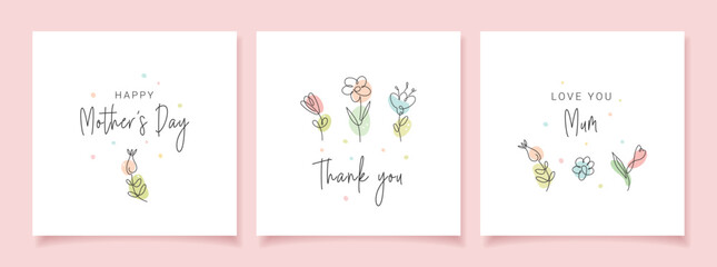 Happy Mother's Day. Set of greeting cards with colorful cute flowers on white background. Line art. Continuous line minimalist style illustration.